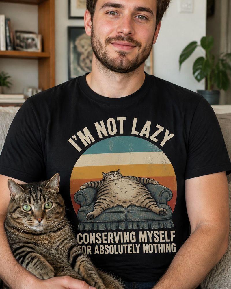 Man wearing the Cranky Kitten 'I'm Not Lazy' retro cat tee