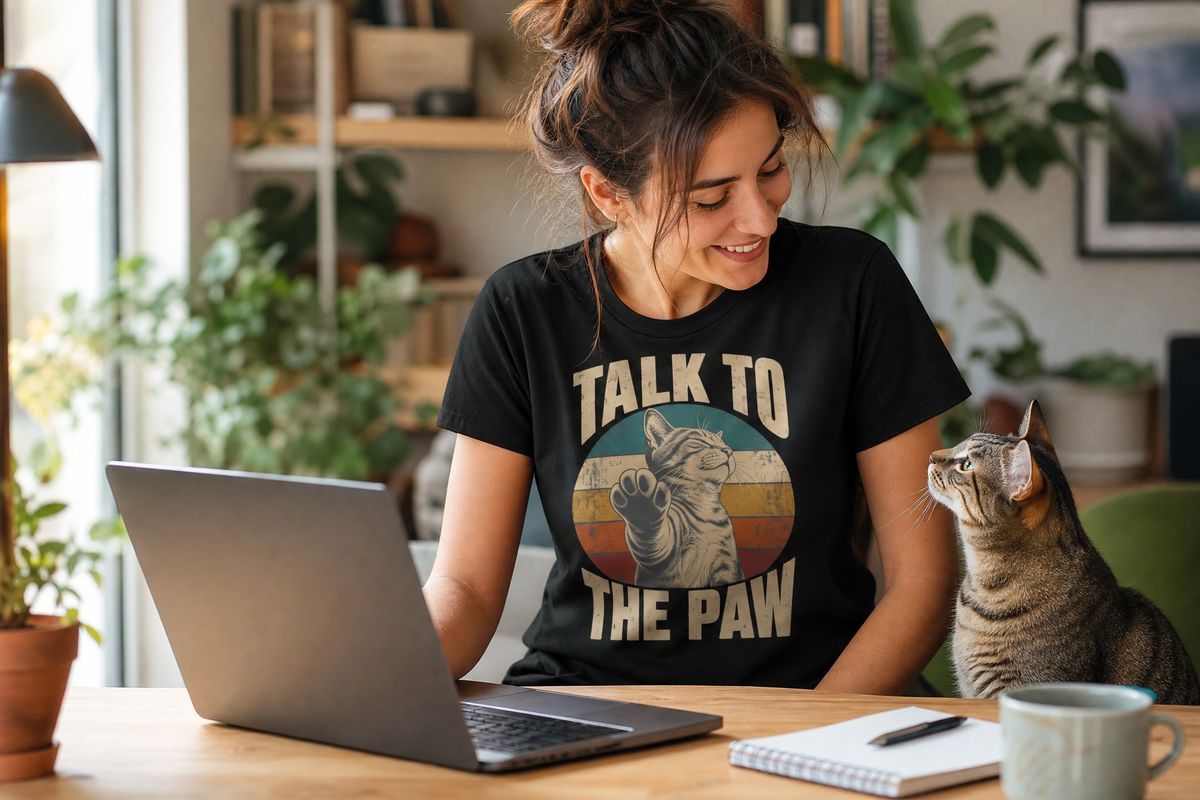 Cat lover in a Cranky Kitten 'Talk to the Paw' tee with their cat