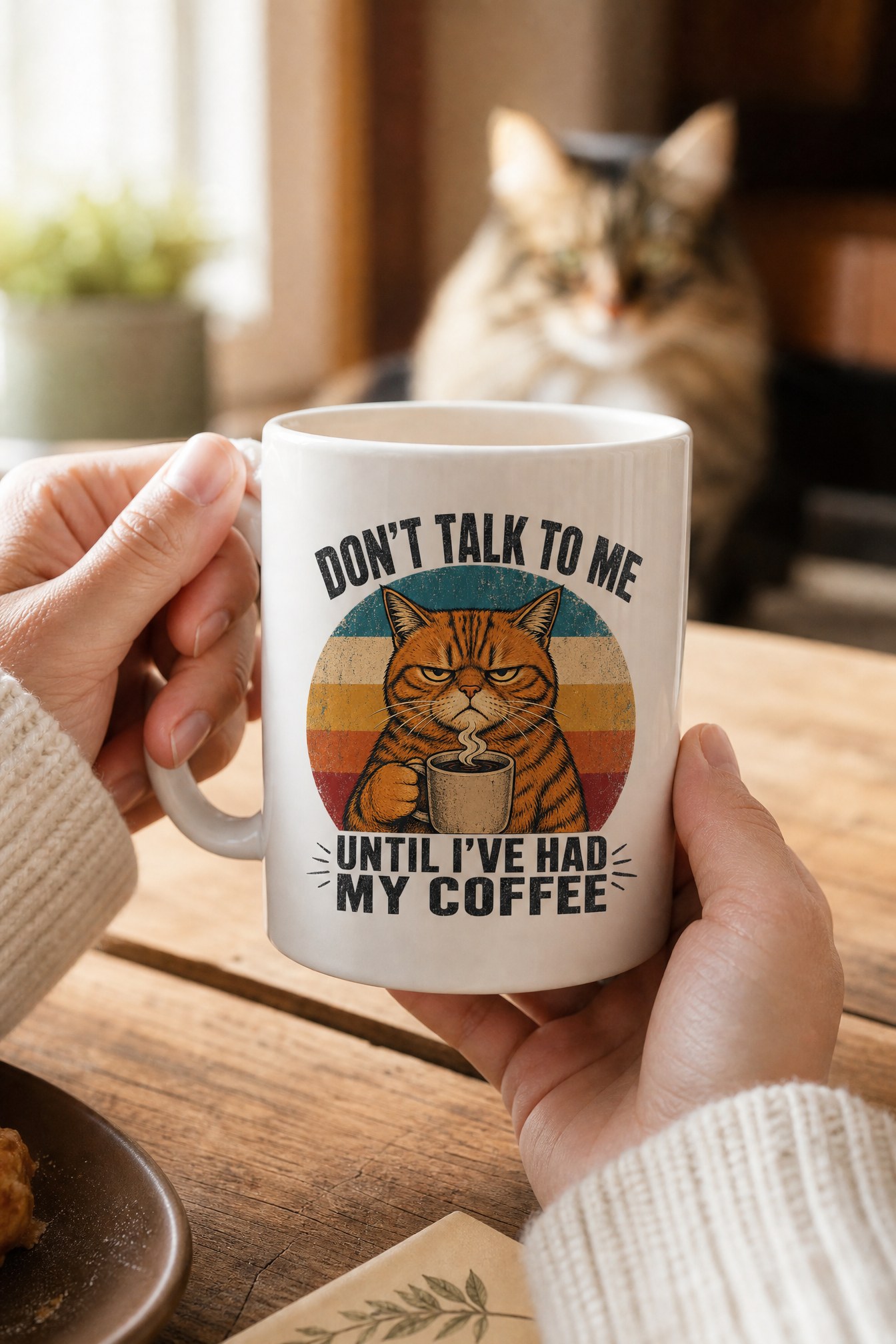 Person wearing a Cranky Kitten mug