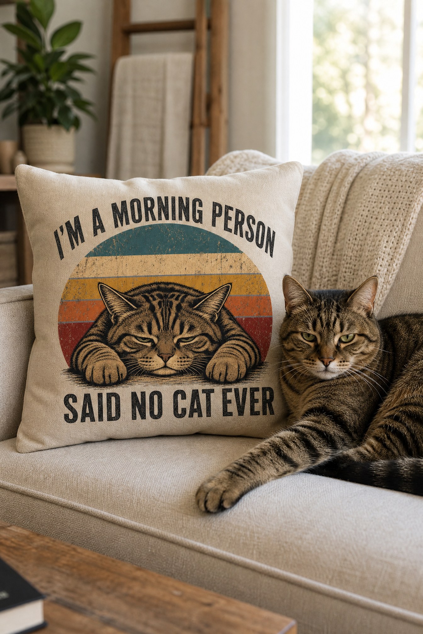Person wearing a Cranky Kitten throw pillow
