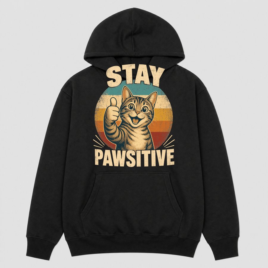Stay Pawsitive Cheerful Cat Retro Design — funny cat hoodie