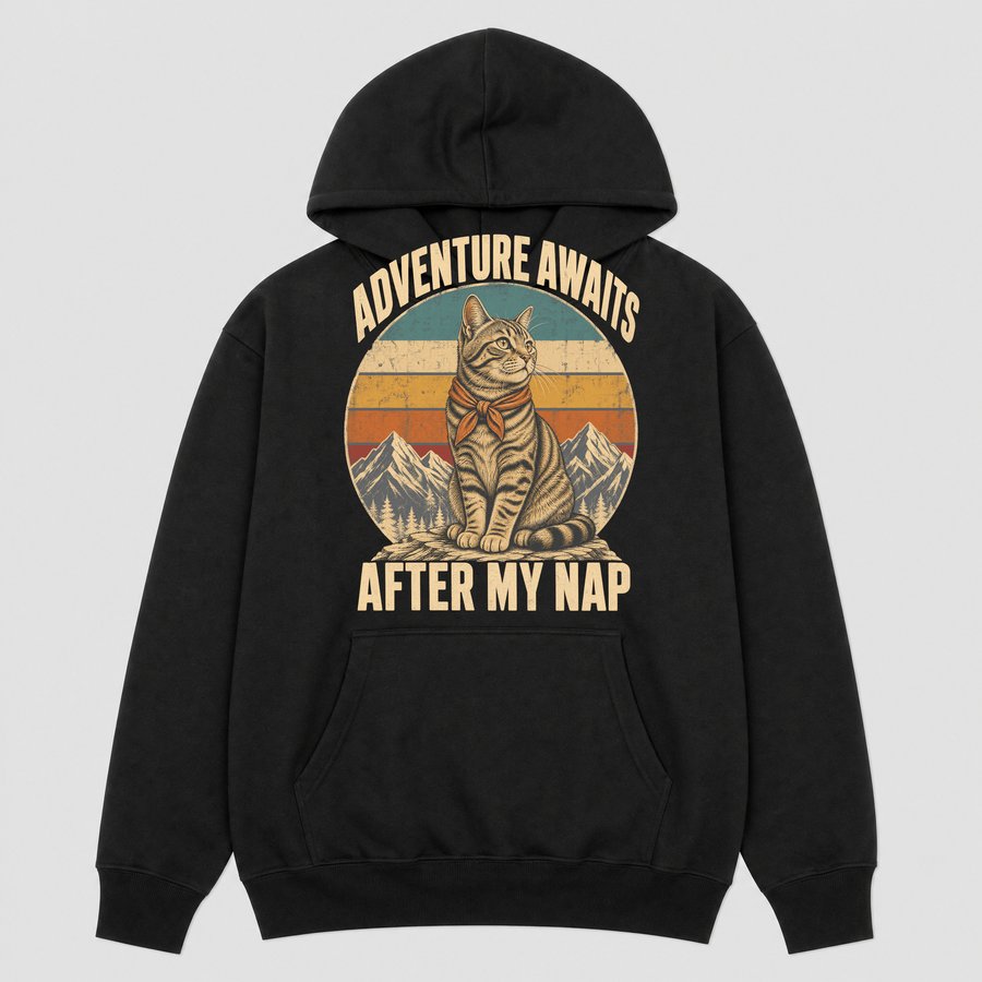 Adventure Awaits After My Nap Cat Retro — funny cat hoodie