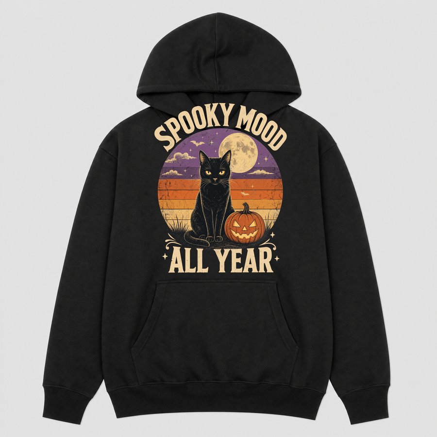 Spooky Mood All Year Black Cat Halloween Retro — funny cat hoodie