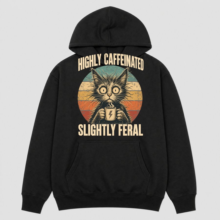 Highly Caffeinated Slightly Feral Cat Retro — funny cat hoodie