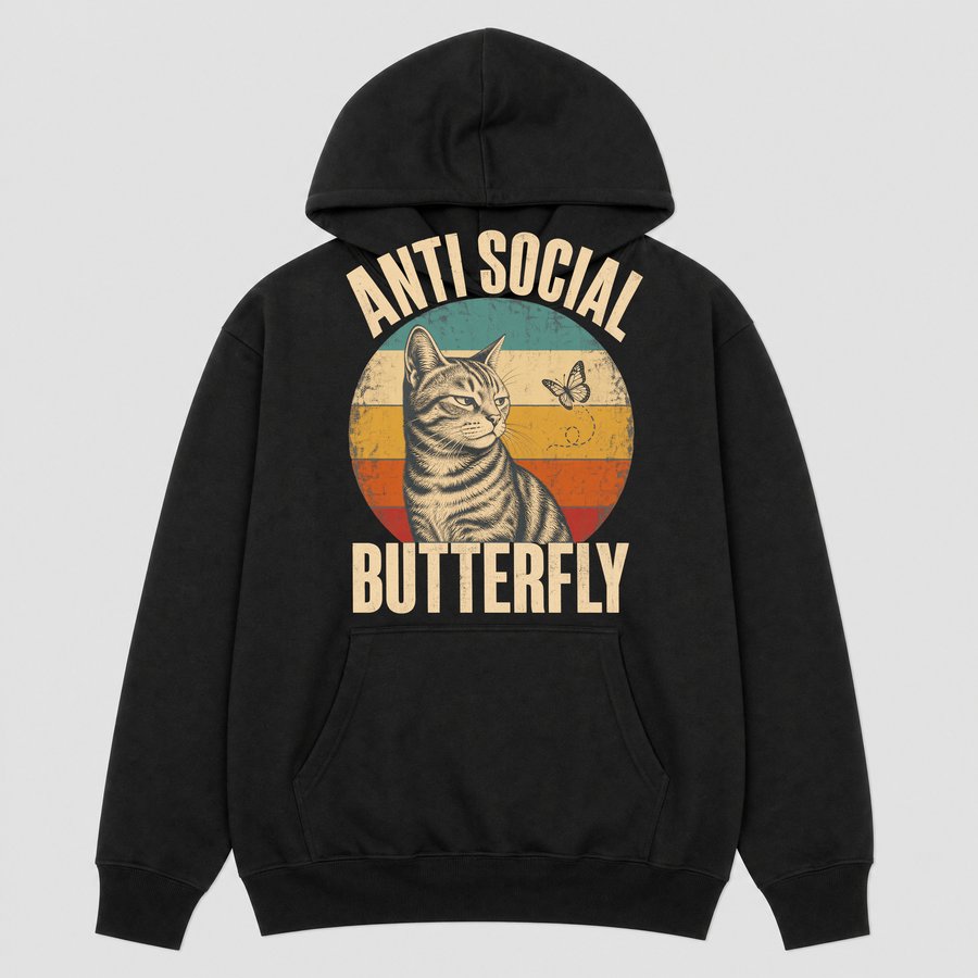 Anti Social Butterfly Introvert Cat Retro — funny cat hoodie