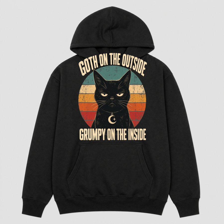 Goth Outside Grumpy Inside Black Cat Retro — funny cat hoodie
