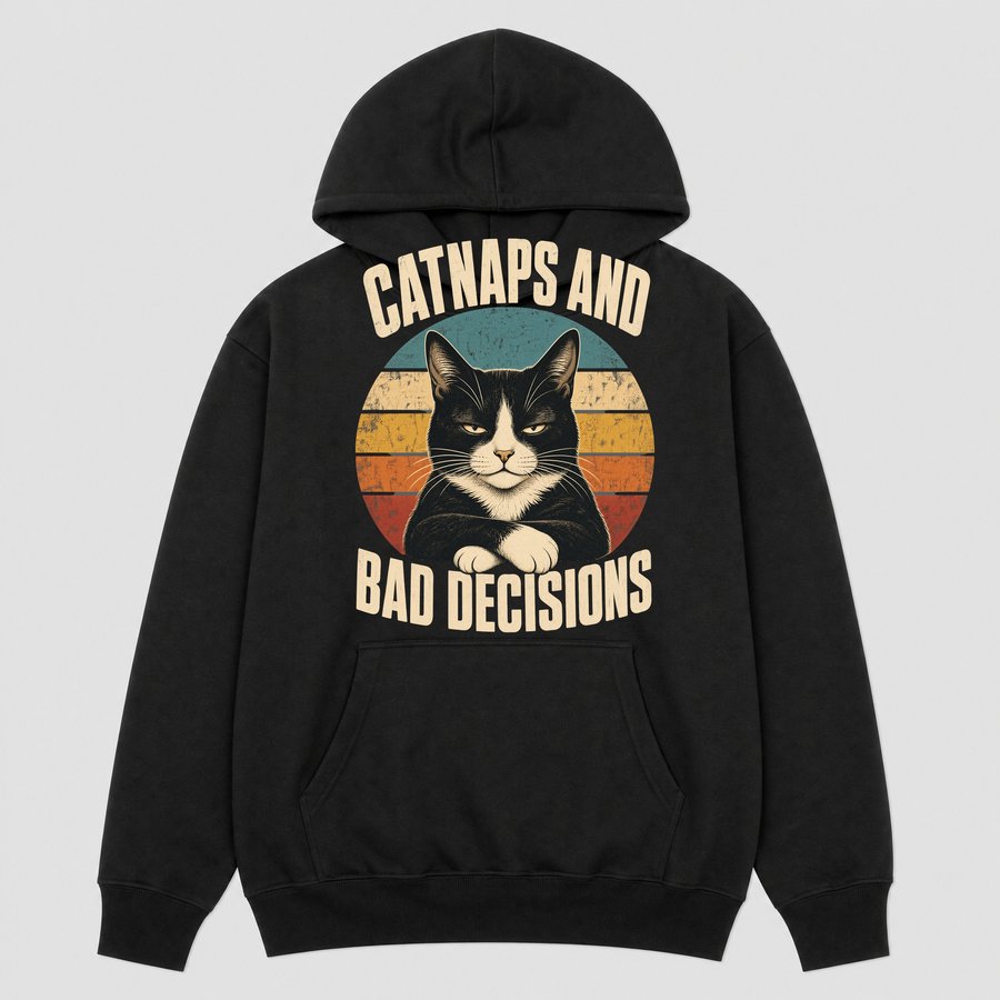 Catnaps And Bad Decisions Tuxedo Cat Retro — funny cat hoodie