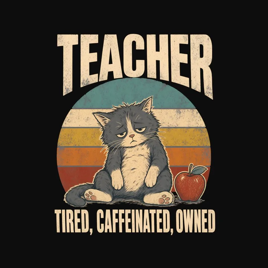 Teacher Tired, Caffeinated, Owned Retro Cat Design — funny cat hoodie