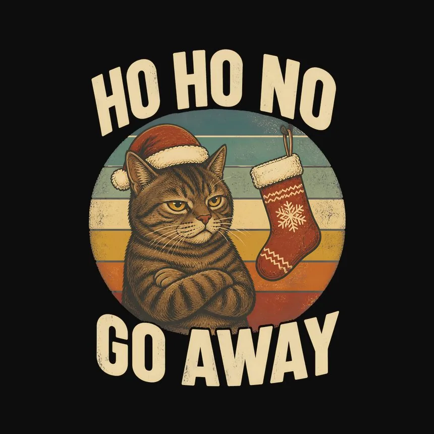 Ho Ho No Go Away Deadpan Santa Cat On Retro Sunset — funny cat hoodie