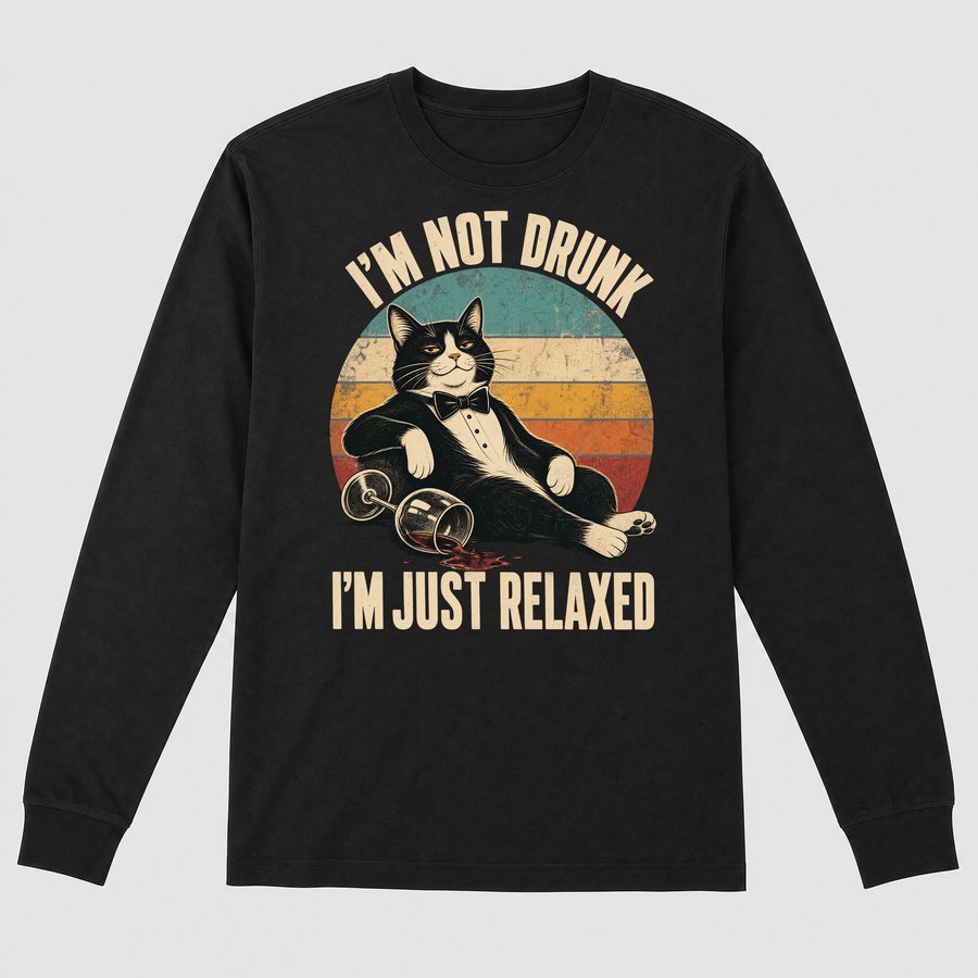 I'm Not Drunk Just Relaxed Wine Cat Retro — funny cat long sleeve