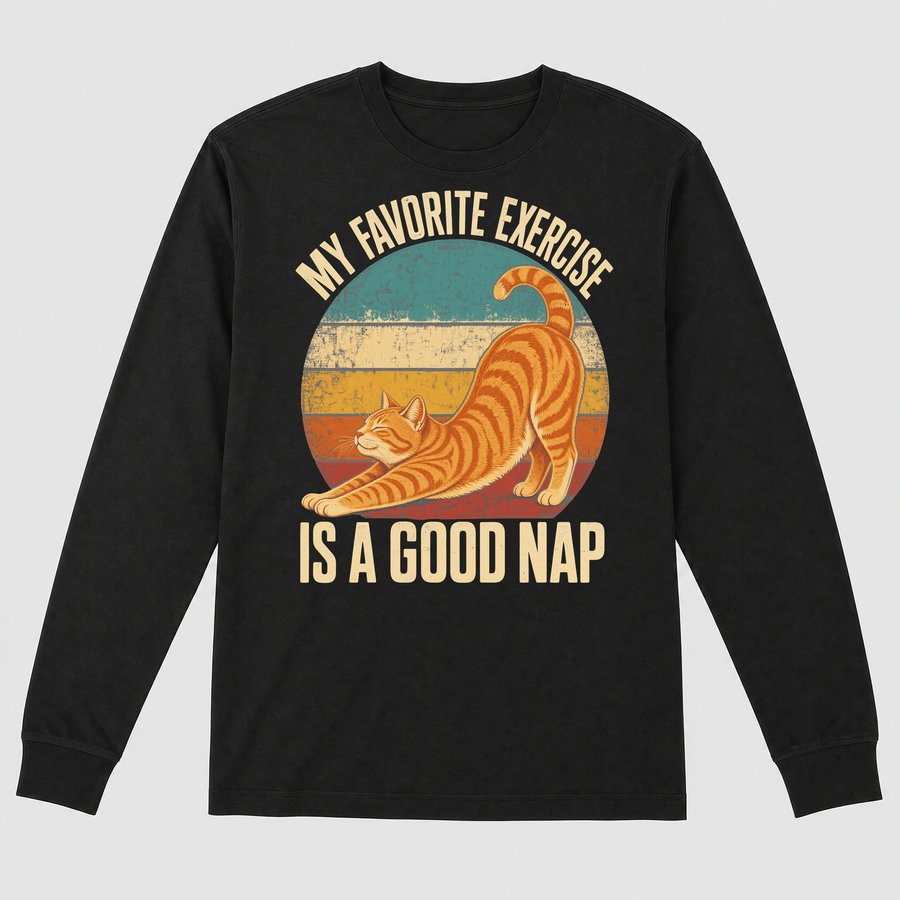 Favorite Exercise Is A Nap Lazy Cat Retro — funny cat long sleeve