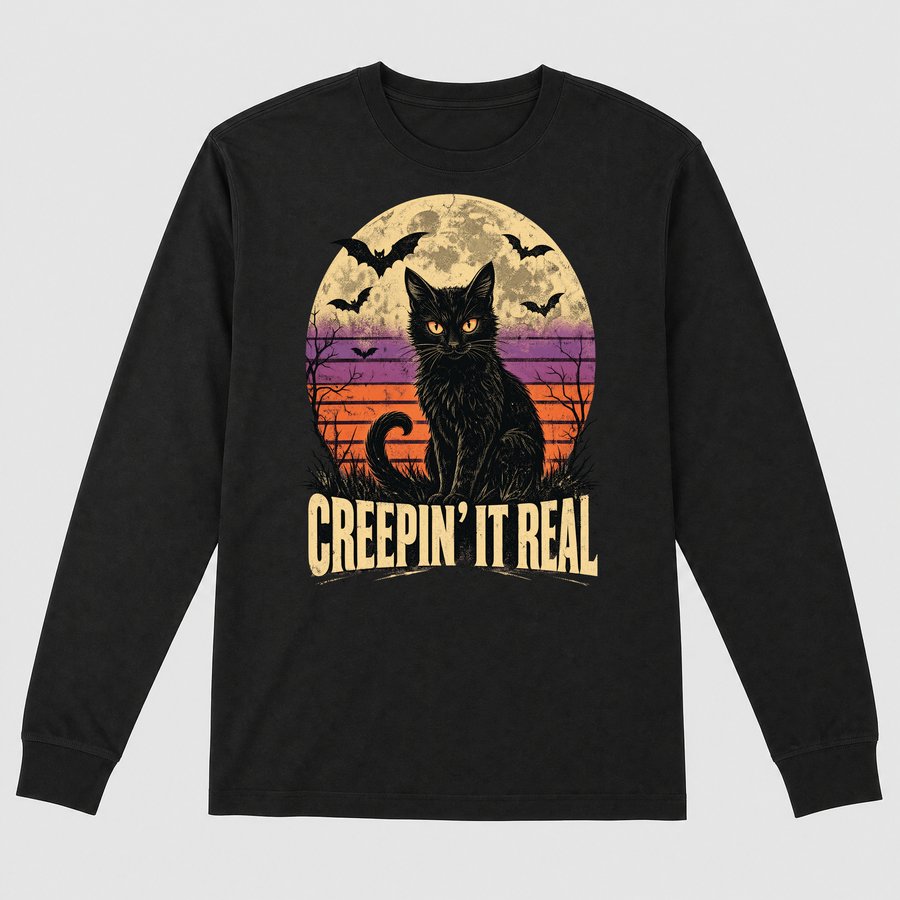 Creepin It Real Spooky Cat Halloween Retro — funny cat long sleeve
