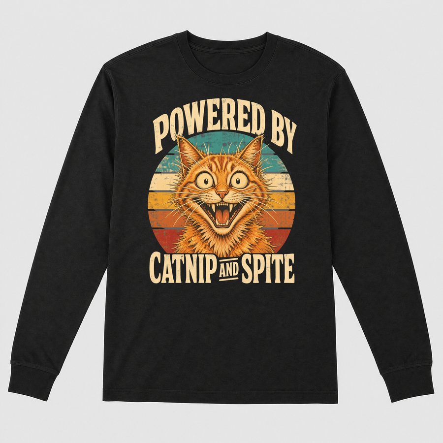 Powered By Catnip And Spite Sassy Cat Retro — funny cat long sleeve