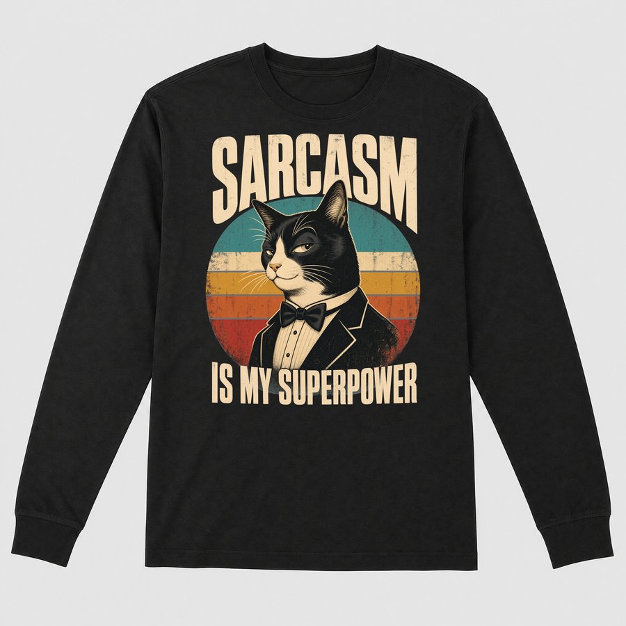 Sarcasm Is My Superpower Sassy Cat Retro — funny cat long sleeve