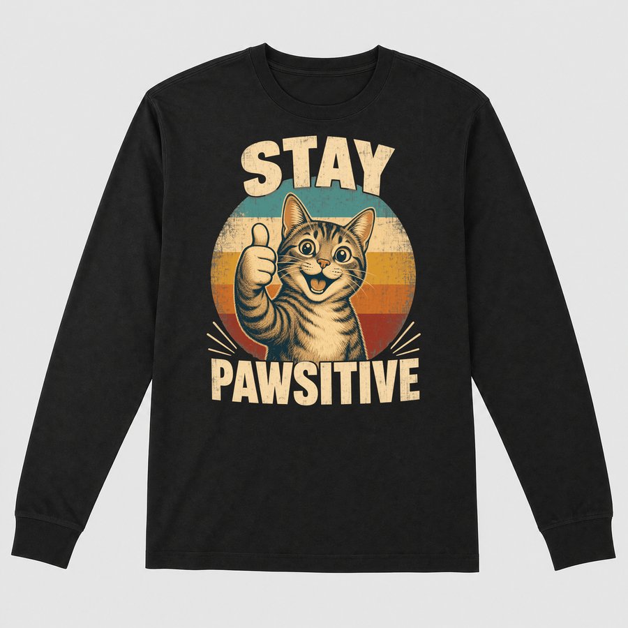 Stay Pawsitive Cheerful Cat Retro Design — funny cat long sleeve