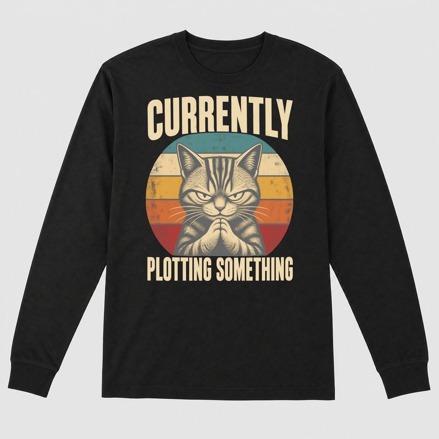 Currently Plotting Something Sneaky Cat Retro — funny cat long sleeve