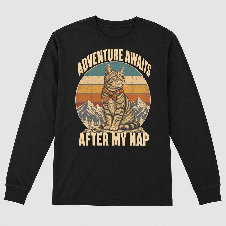 Adventure Awaits After My Nap Cat Retro — funny cat long sleeve