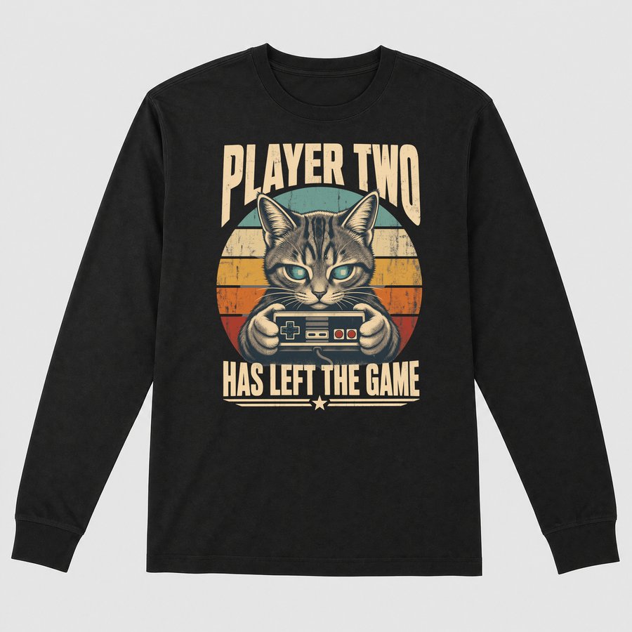 Player Two Has Left Gamer Cat Retro Design — funny cat long sleeve
