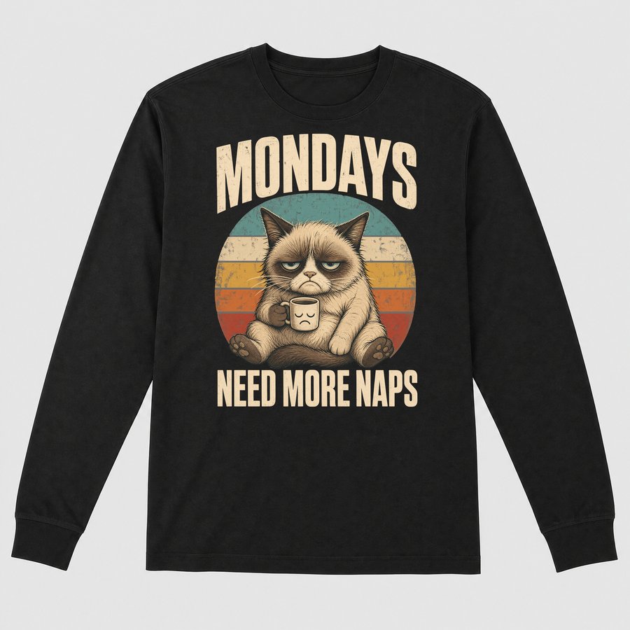 Mondays Need More Naps Grumpy Cat Retro — funny cat long sleeve
