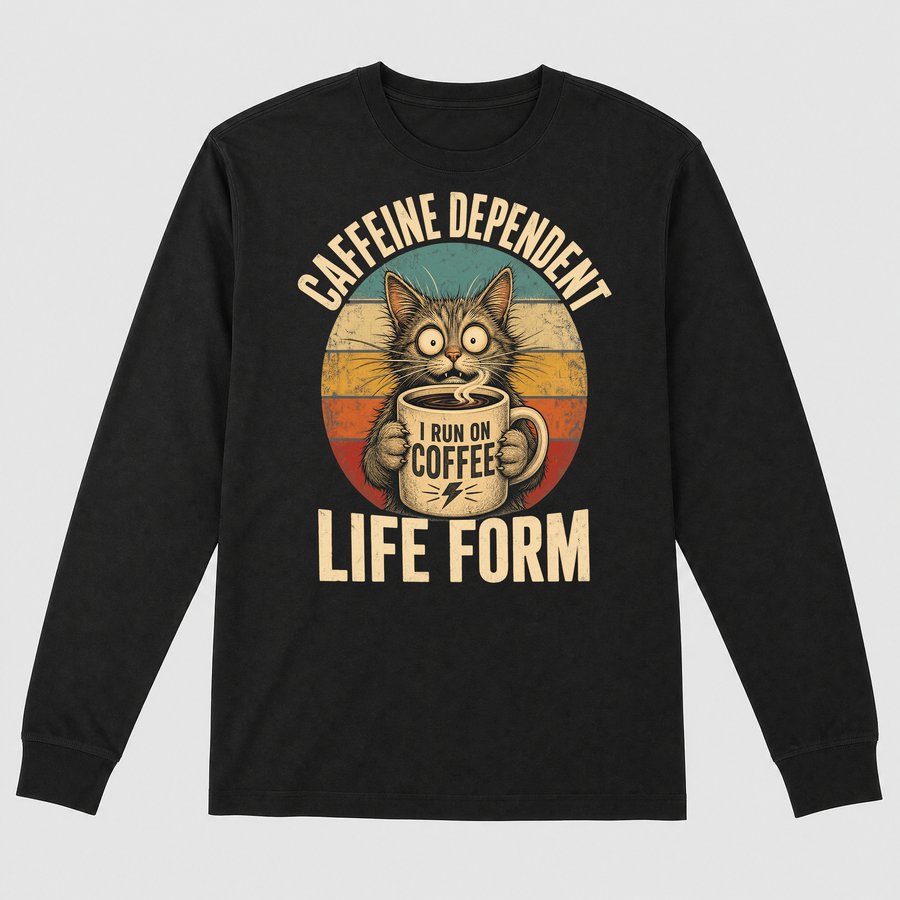 Caffeine Dependent Life Form Cat Retro — funny cat long sleeve