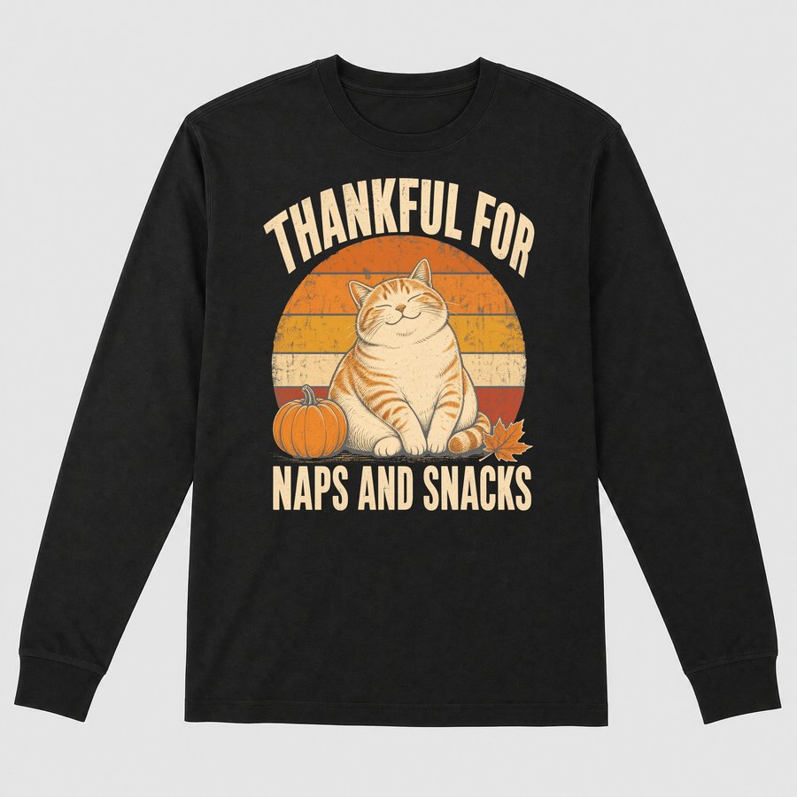 Thankful For Naps And Snacks Holiday Cat — funny cat long sleeve