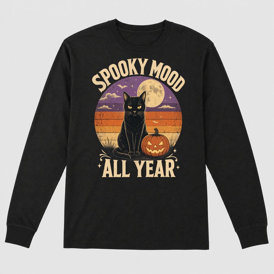 Spooky Mood All Year Black Cat Halloween Retro — funny cat long sleeve