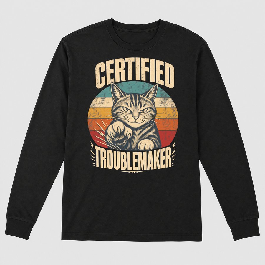 Certified Troublemaker Sneaky Cat Retro — funny cat long sleeve