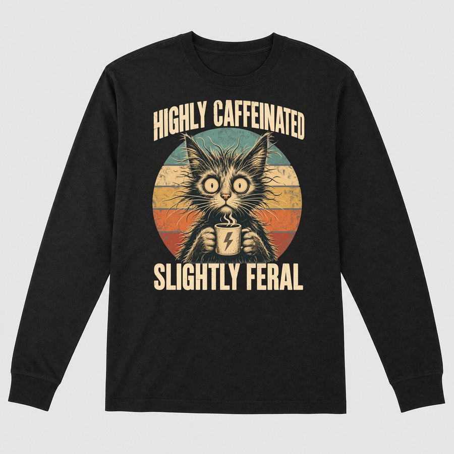 Highly Caffeinated Slightly Feral Cat Retro — funny cat long sleeve