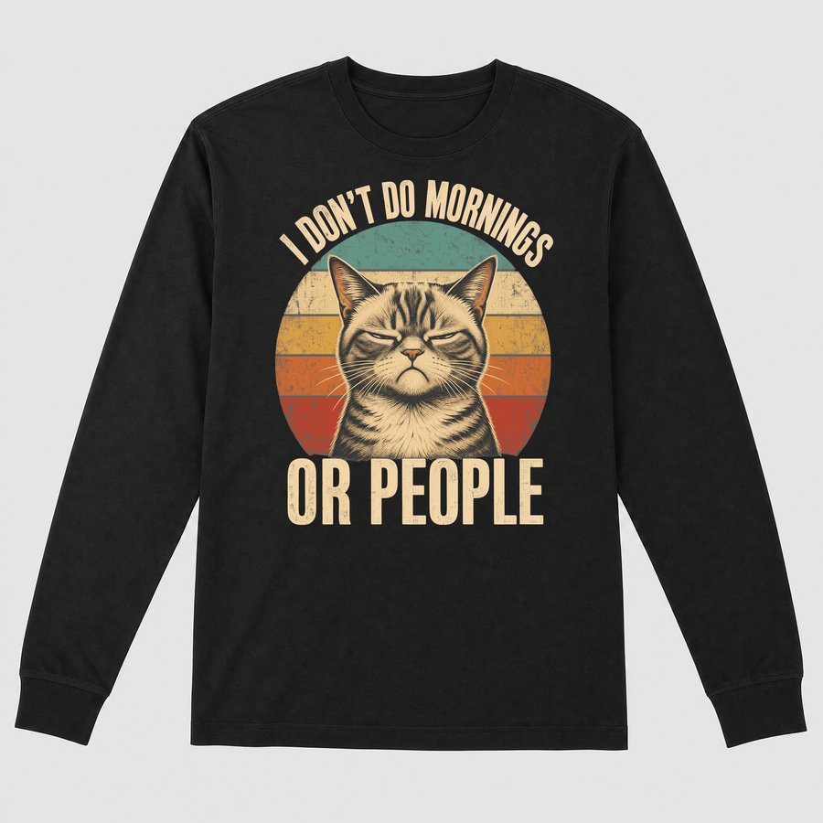 I Don't Do Mornings Or People Cat Retro — funny cat long sleeve