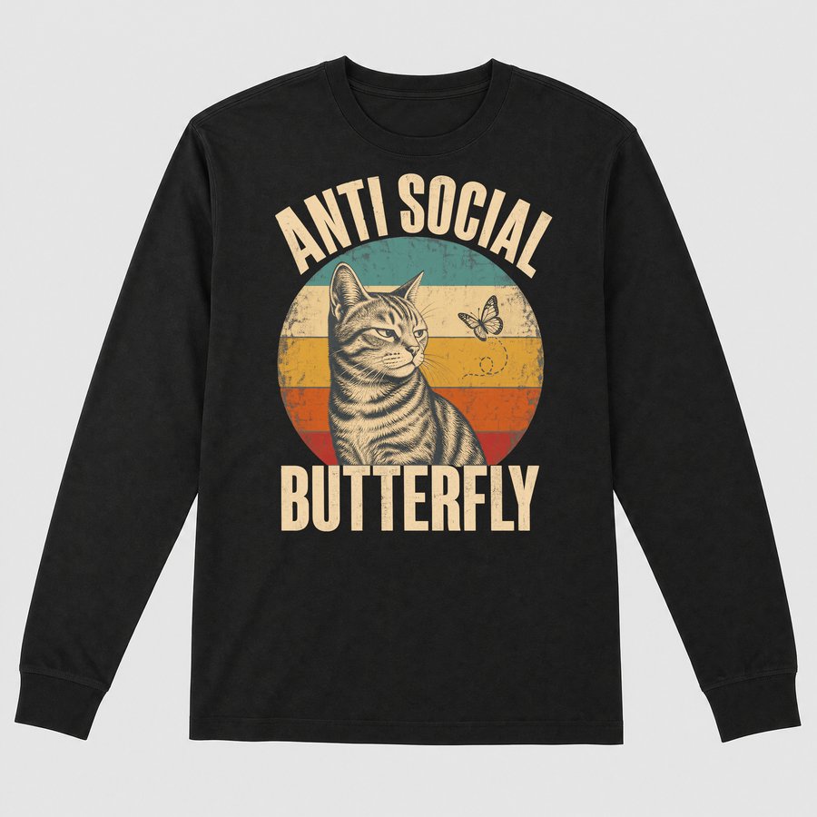 Anti Social Butterfly Introvert Cat Retro — funny cat long sleeve