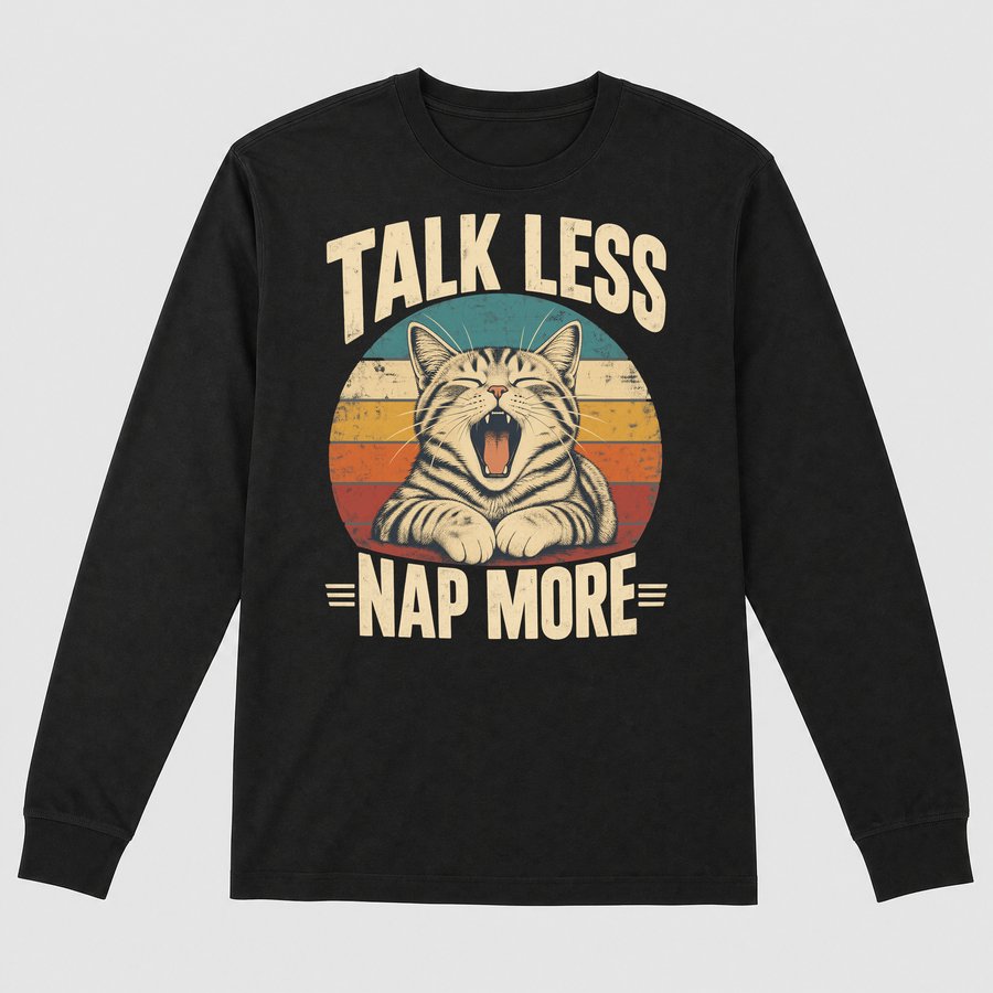 Talk Less Nap More Lazy Cat Retro Design — funny cat long sleeve