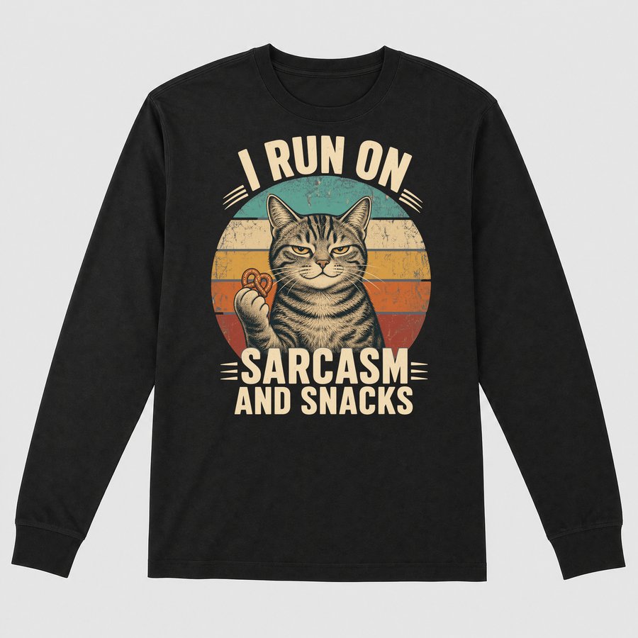 I Run On Sarcasm And Snacks Cat Retro — funny cat long sleeve