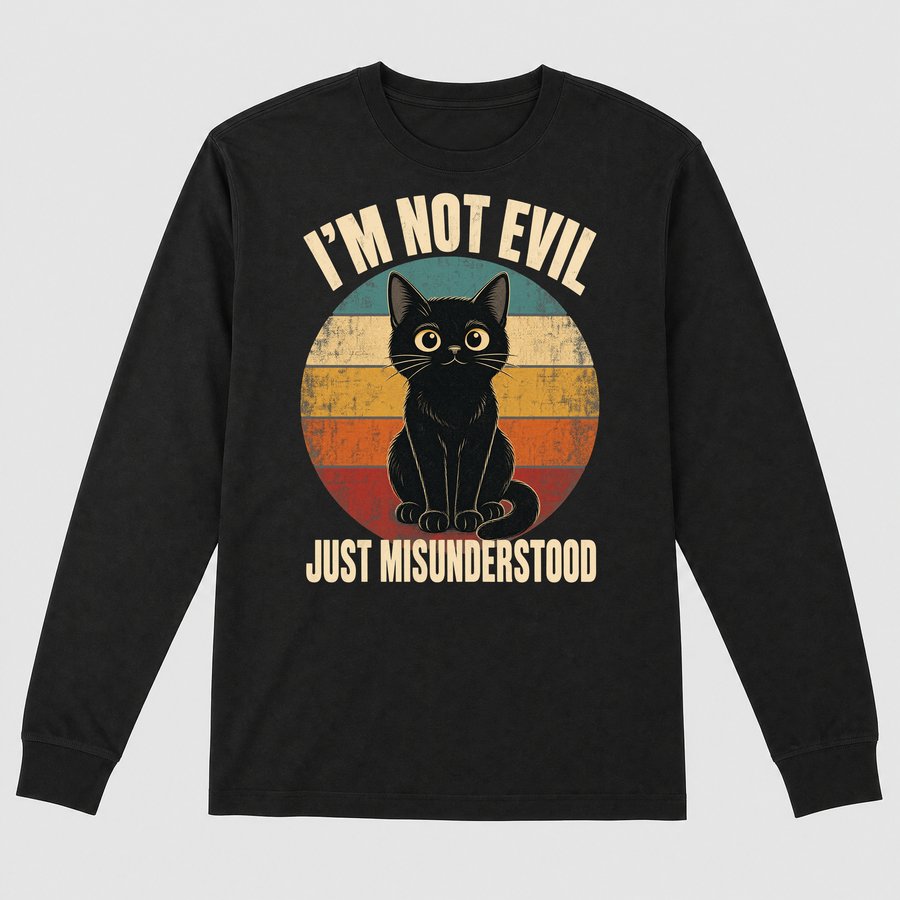 Not Evil Just Misunderstood Black Cat Retro — funny cat long sleeve