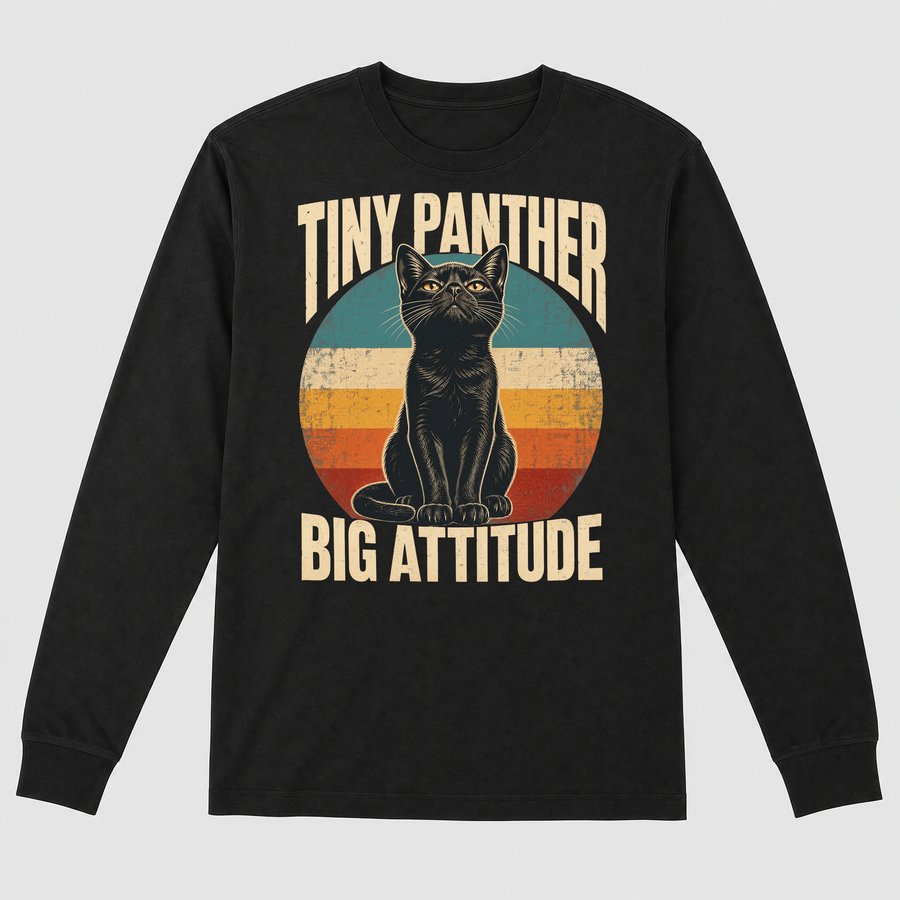 Tiny Panther Big Attitude Black Cat Retro — funny cat long sleeve