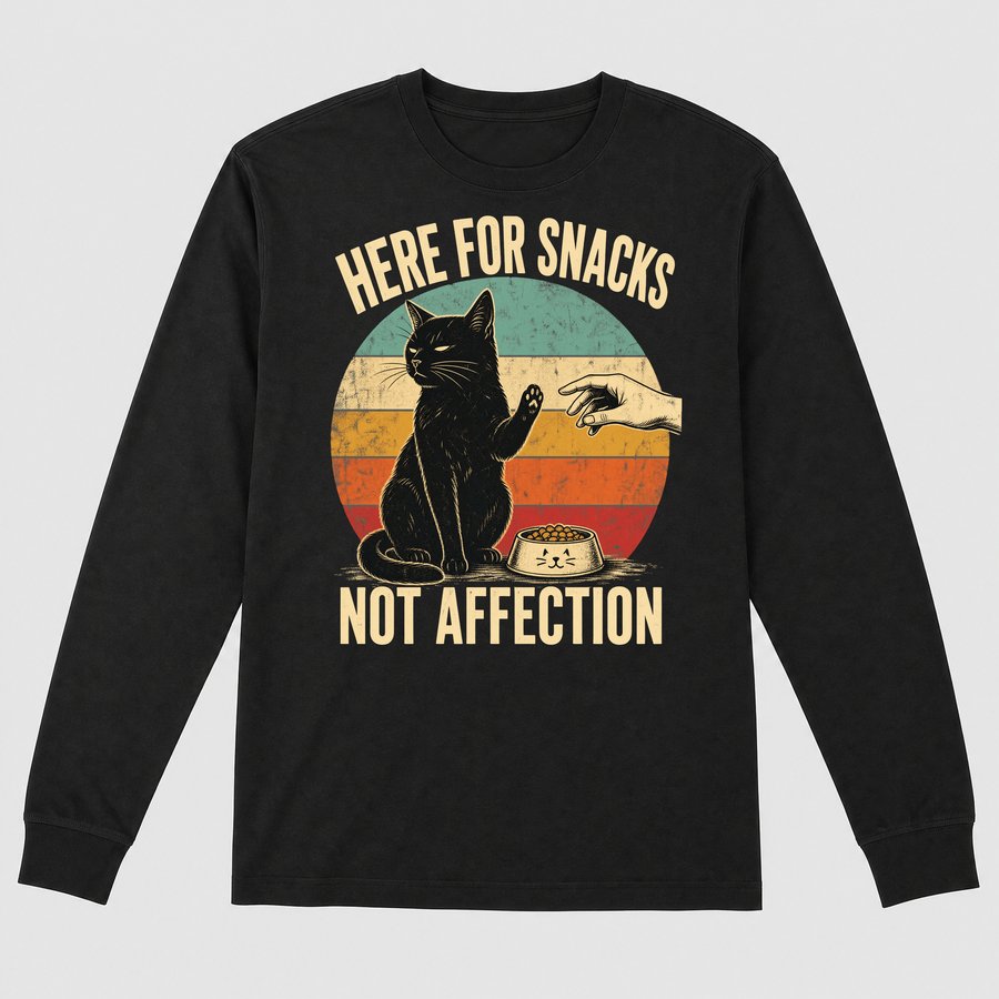 Here For Snacks Not Affection Black Cat Retro — funny cat long sleeve