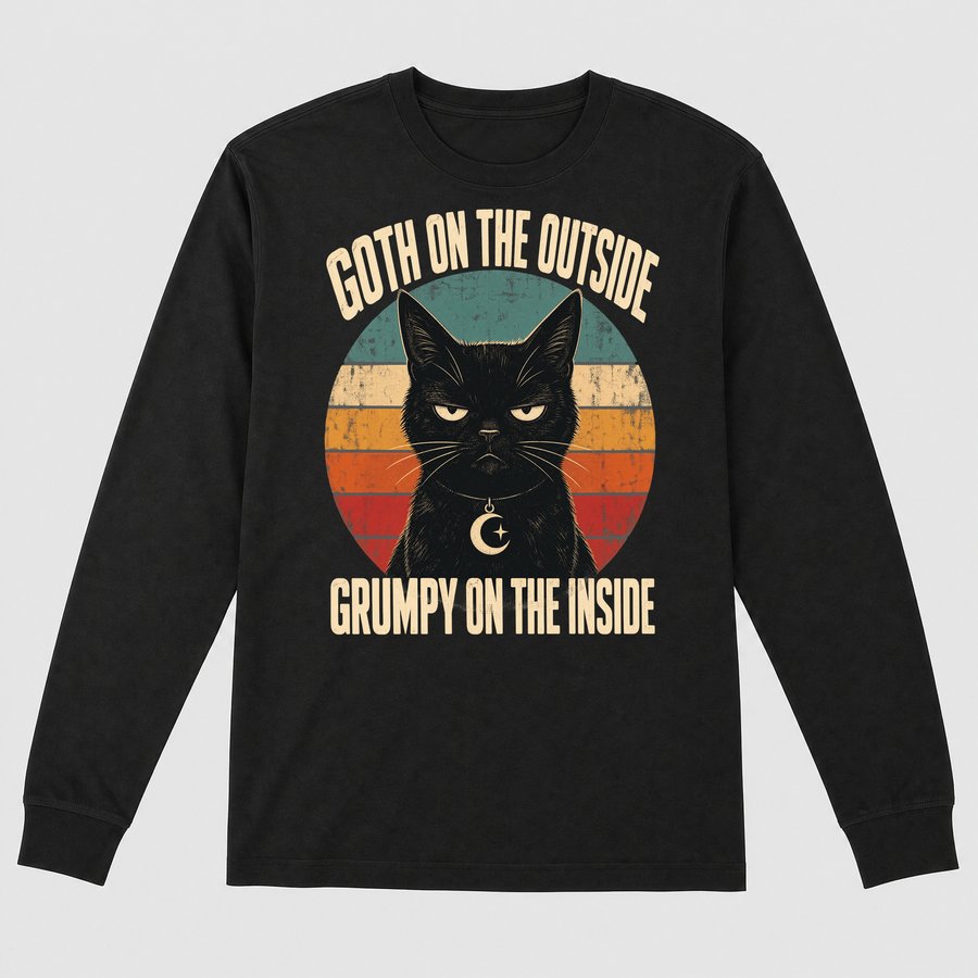Goth Outside Grumpy Inside Black Cat Retro — funny cat long sleeve
