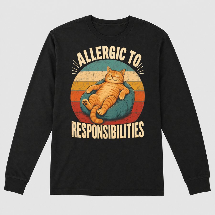 Allergic To Responsibilities Lazy Cat Retro — funny cat long sleeve