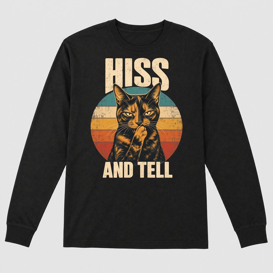 Hiss And Tell Gossip Cat Retro Design — funny cat long sleeve