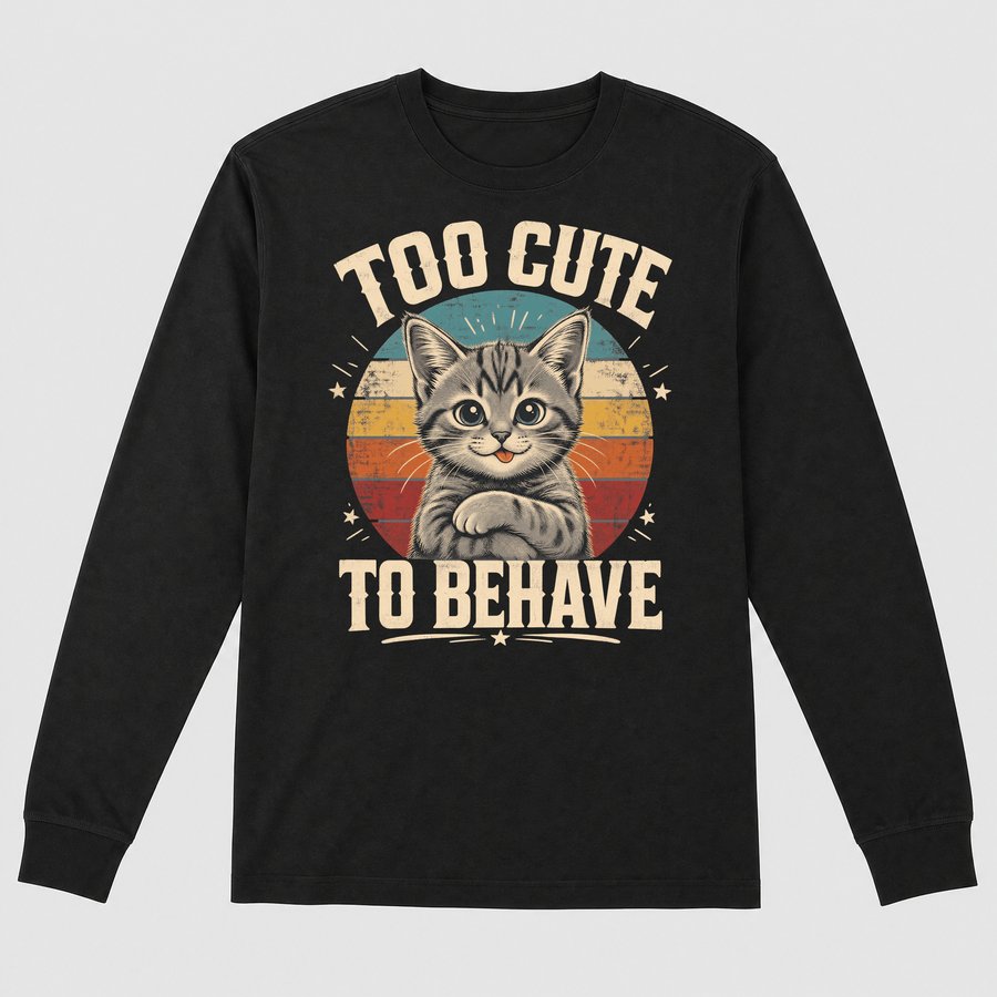 Too Cute To Behave Naughty Kitten Retro — funny cat long sleeve