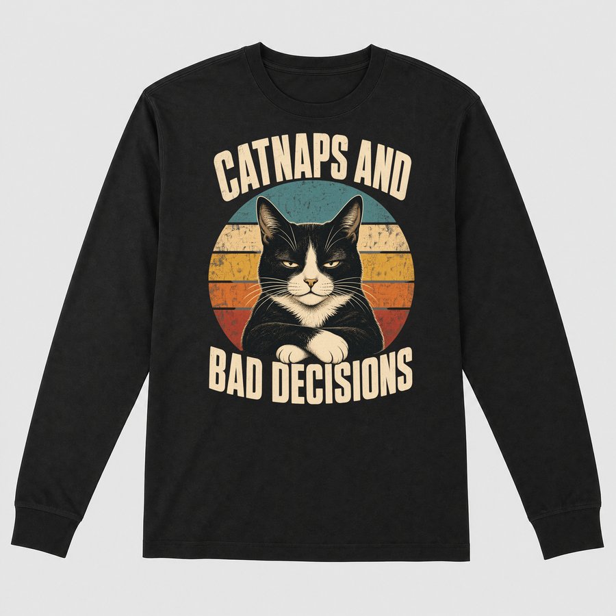 Catnaps And Bad Decisions Tuxedo Cat Retro — funny cat long sleeve