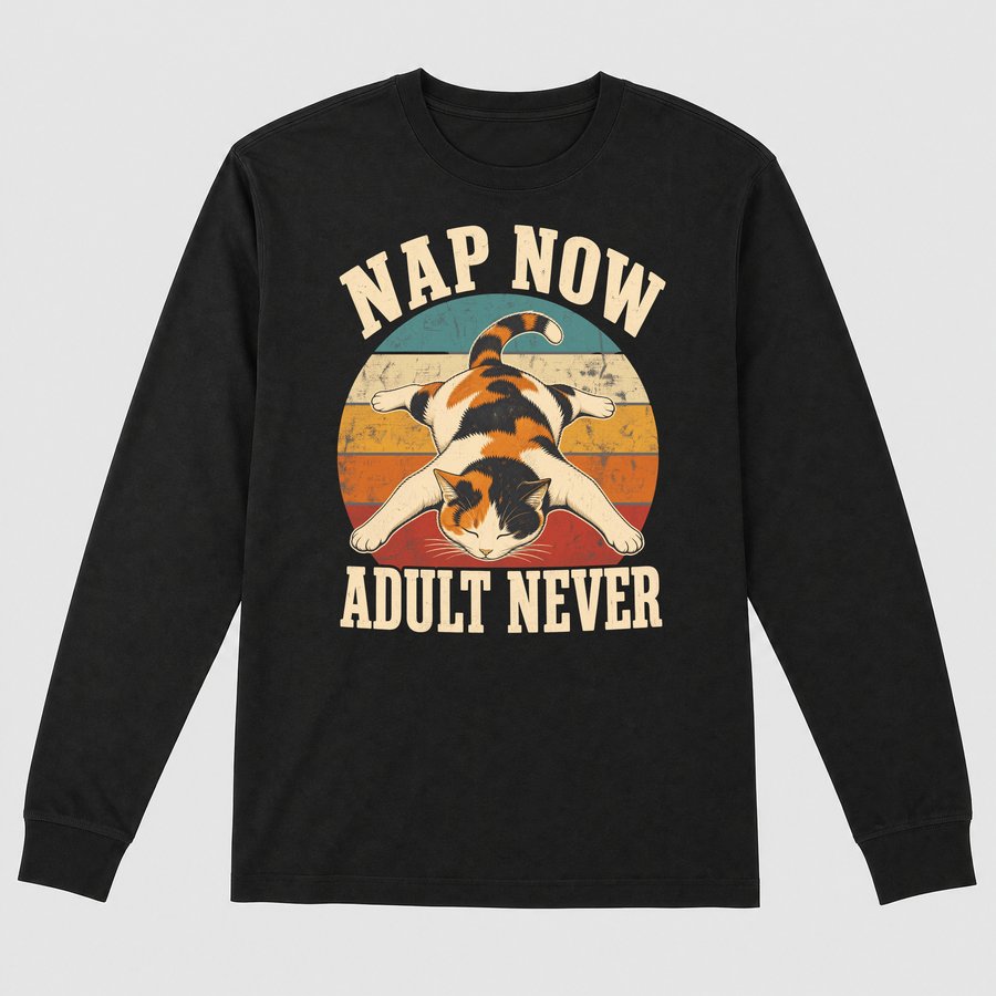 Nap Now Adult Never Lazy Calico Cat Retro — funny cat long sleeve