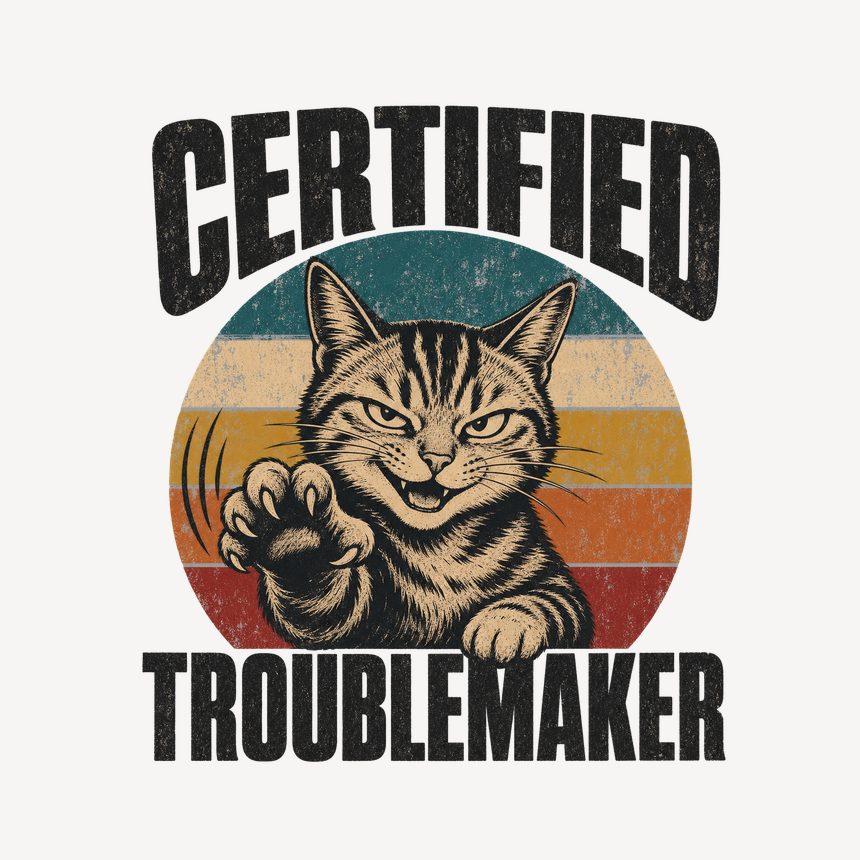 Certified Troublemaker Sneaky Cat Retro — funny cat mug