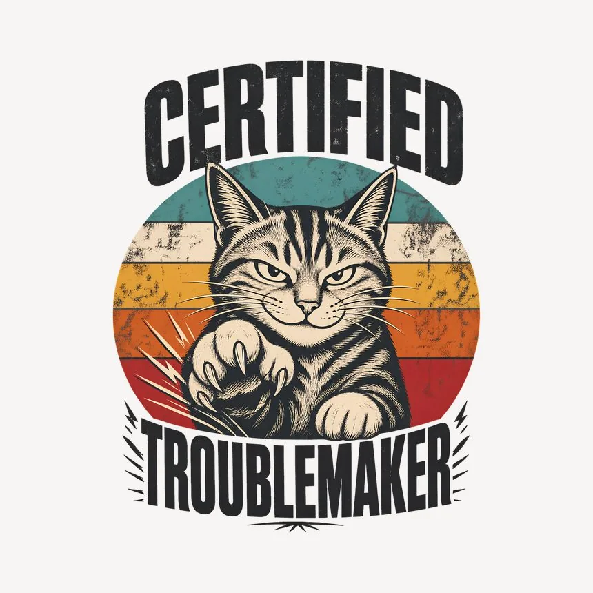 Certified Troublemaker Sneaky Cat Retro — funny cat mug