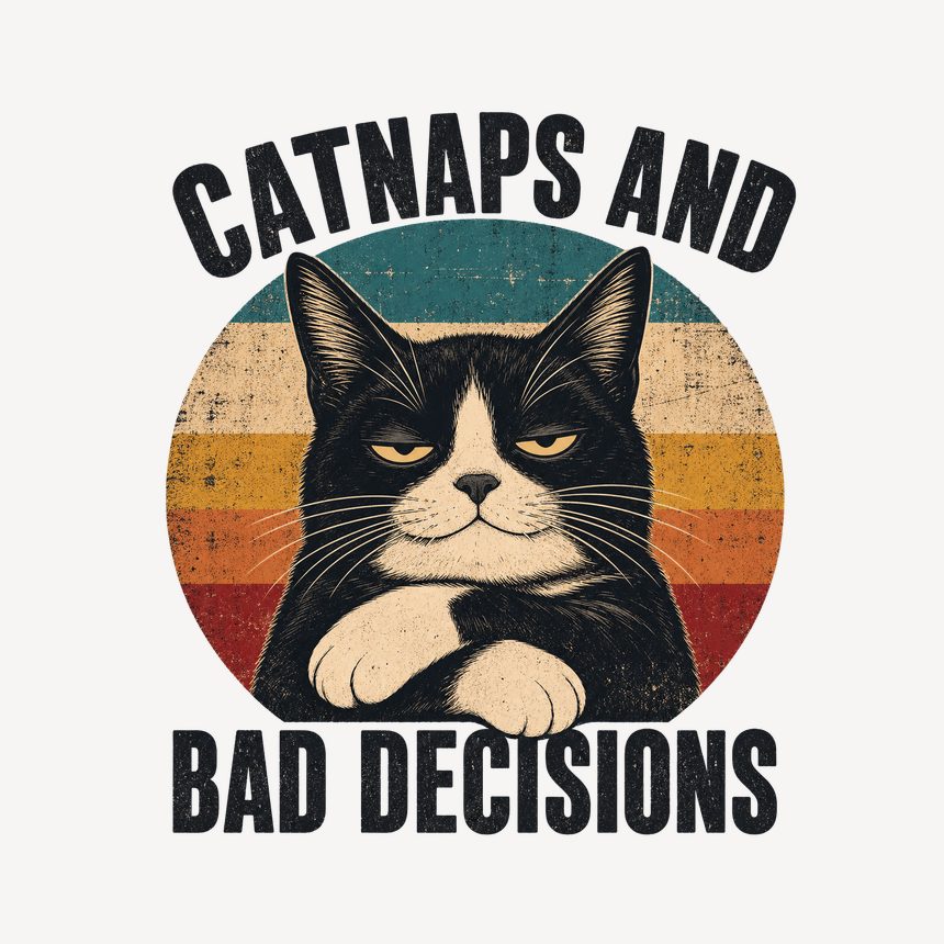 Catnaps And Bad Decisions Tuxedo Cat Retro — funny cat mug