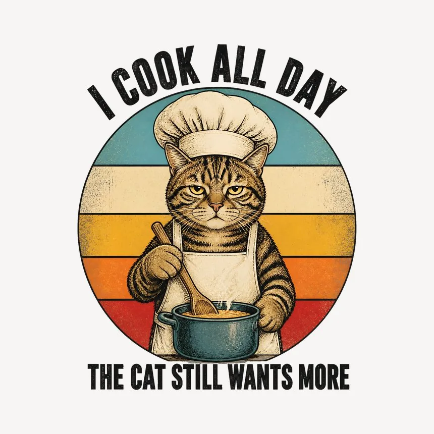 I Cook All Day The Cat Still Wants More Cat On Retro Sunset — funny cat mug