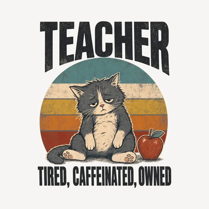 Teacher Tired, Caffeinated, Owned Retro Cat Design — funny cat mug