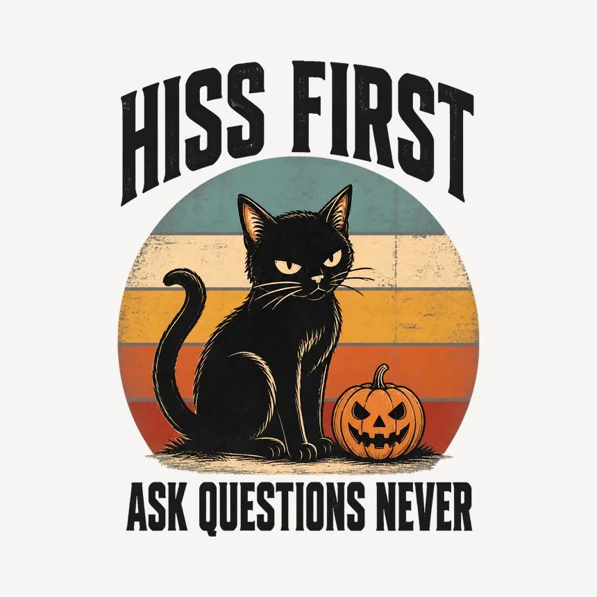 Hiss First Ask Questions Never Halloween Cat — funny cat mug