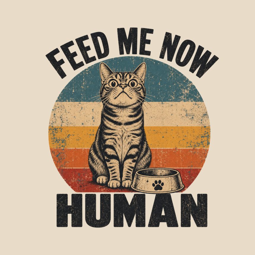 Feed Me Now Human Demanding Cat Retro — funny cat throw pillow