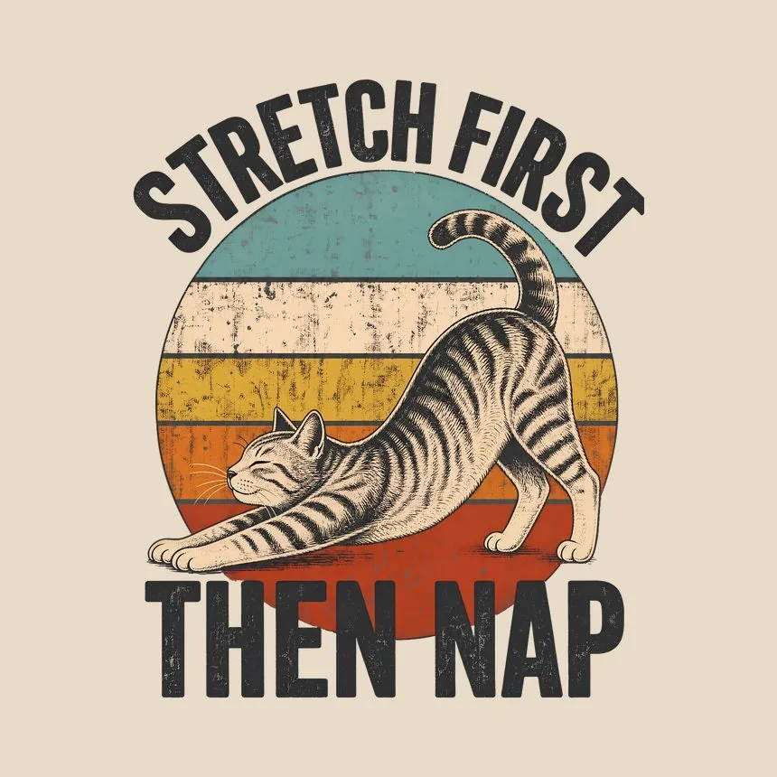 Stretch First Then Nap Yoga Cat Retro — funny cat throw pillow