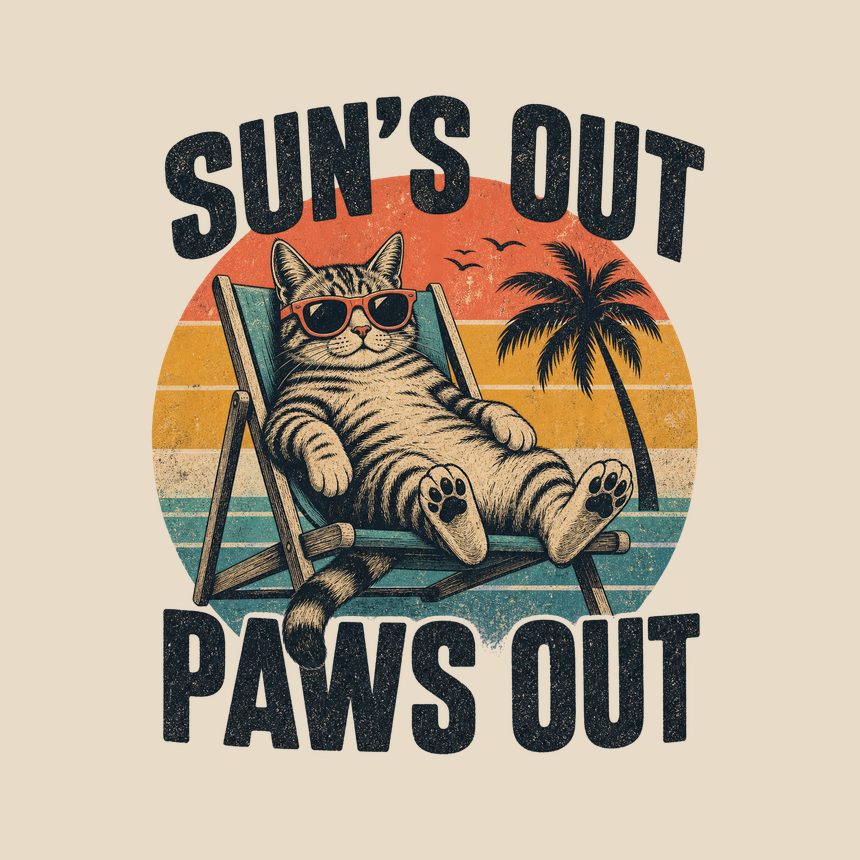 Suns Out Paws Out Summer Cat Retro Design — funny cat throw pillow